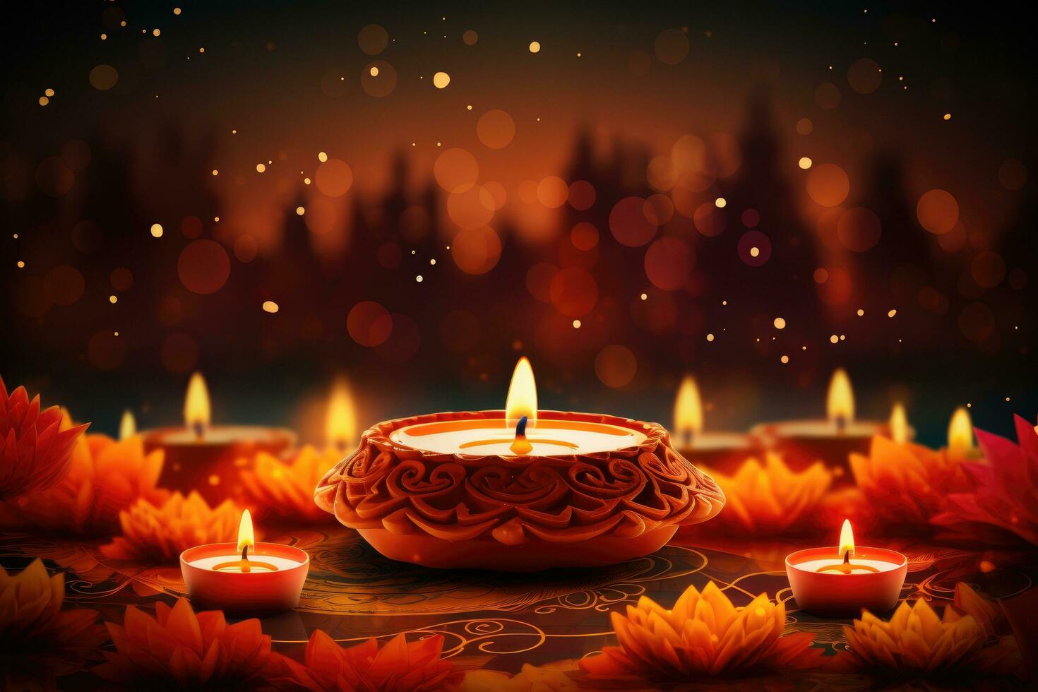 ai genererad skön diwali diya och brinnande ljus på färgrik bakgrund, diwali festival av lampor bakgrund, ai genererad foto