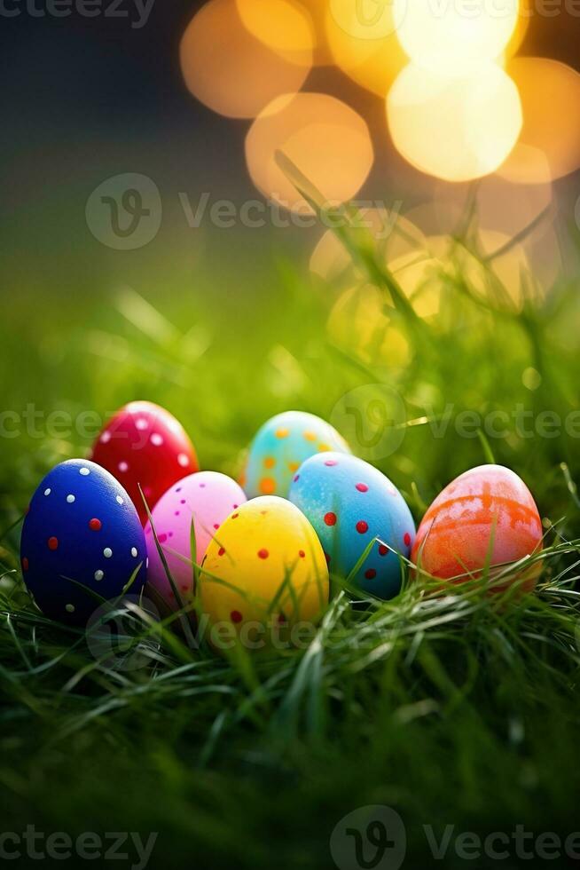 ai genererad färgrik påsk ägg i gräs. Lycklig påsk bakgrund. foto