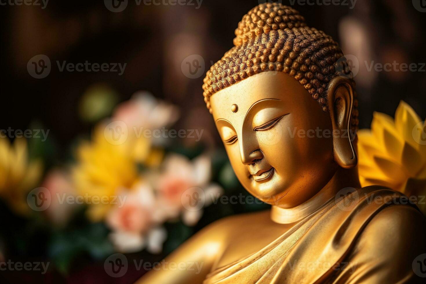 ai genererad närbild av buddha staty i buddist tempel foto