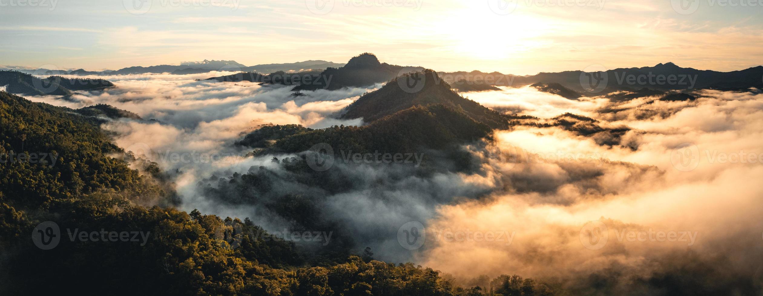 berg och morgondimma i tropisk skog foto