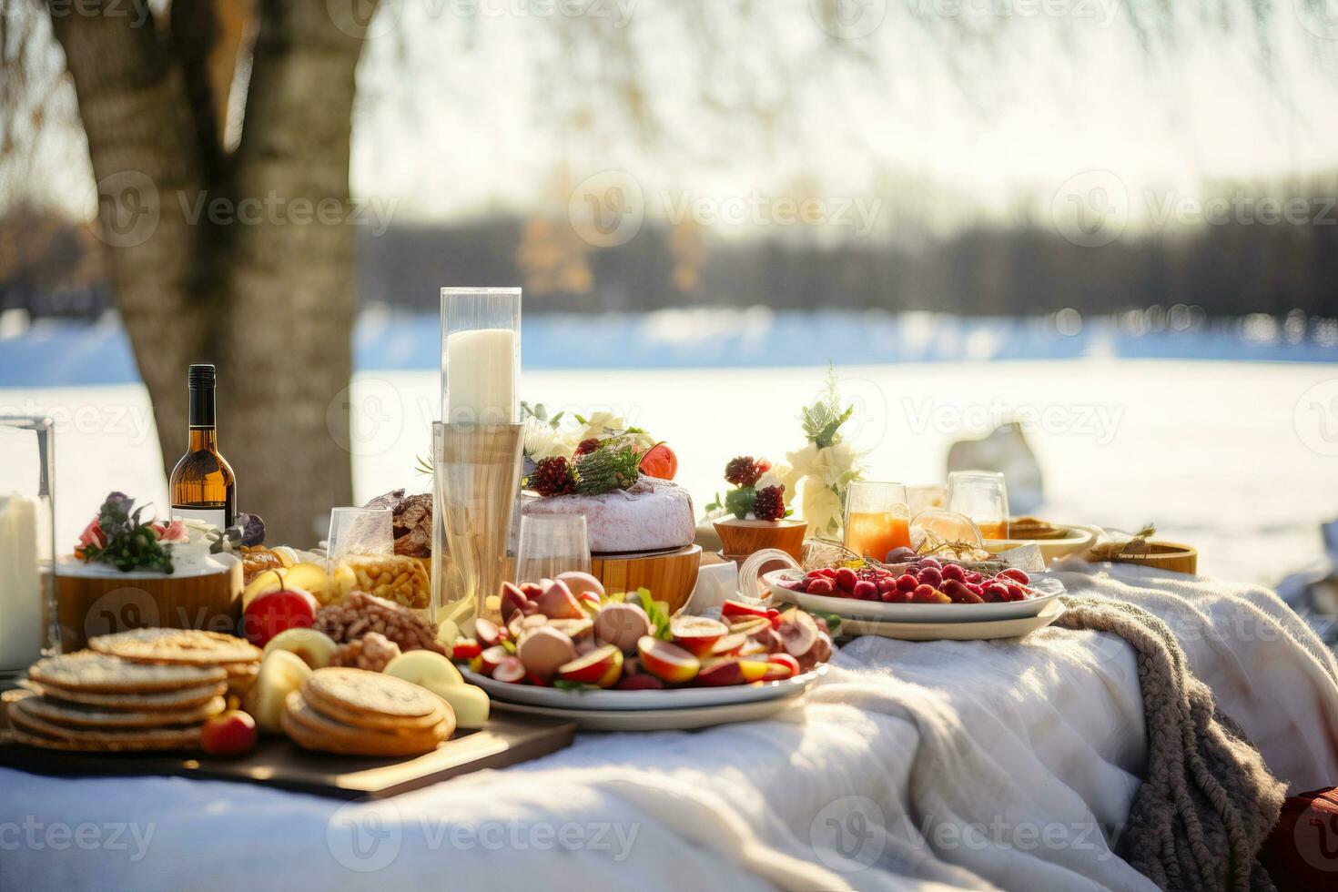 ai genererad jul dekorationer på röd bakgrund med stjärnor, topp se med Plats för text foto