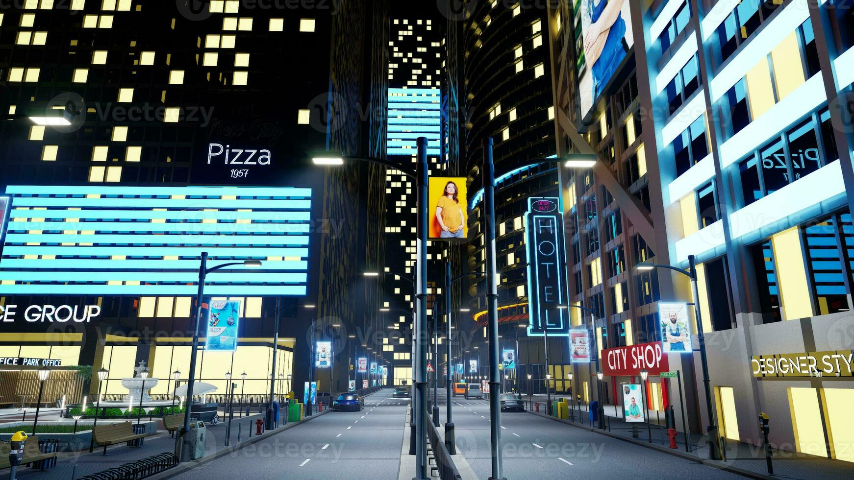 stadens centrum stad Centrum på natt med fordon körning över skyskrapor. tömma storstads stad med gator upplyst förbi neon utomhus- annonser och lampa inlägg, 3d framställa animering foto