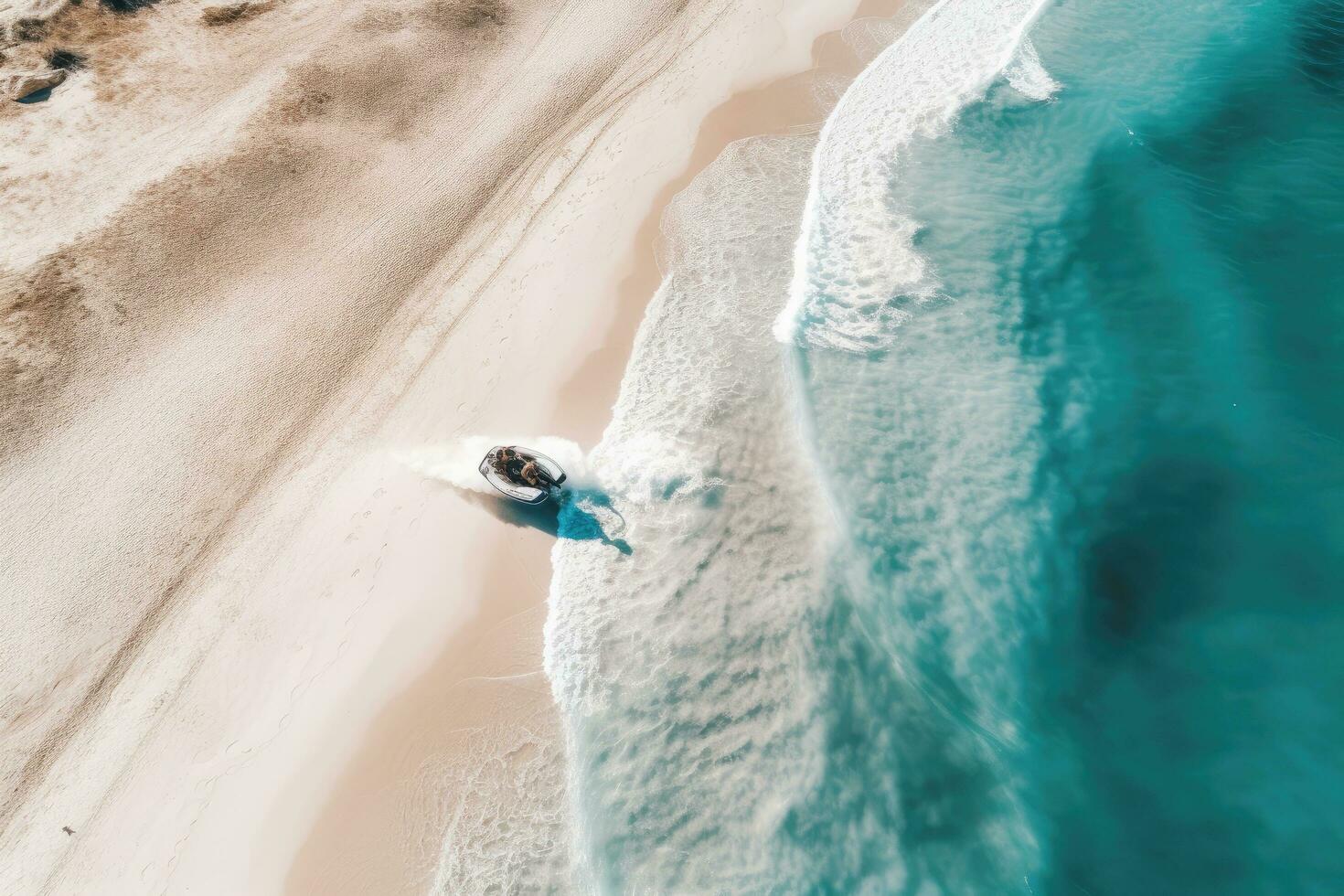 ai genererad antenn se av en båt i de hav. Drönare fotografi, en man Sammanträde på de strand med en Jet ski i perth, Västra Australien, topp se från en Drönare, ai genererad foto