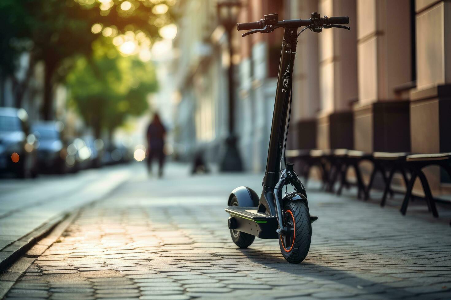 ai genererad elektrisk skoter i de stad. de begrepp av ekologisk transport, en generisk elektrisk skoter, en trogen rörlighet lösning för städer, hållbar transport lösningar, grön foto