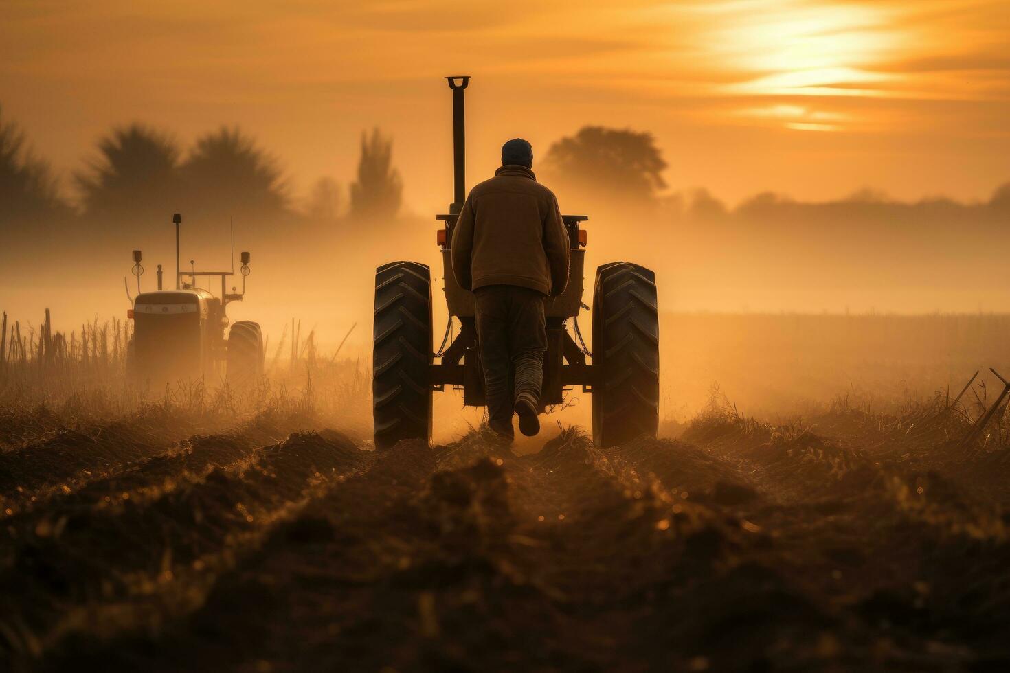 ai genererad jordbrukare i traktor framställning landa med såbädd kultivator på solnedgång, en jordbrukare rörelse en traktor arbetssätt i de fält i de morgon, ai genererad foto