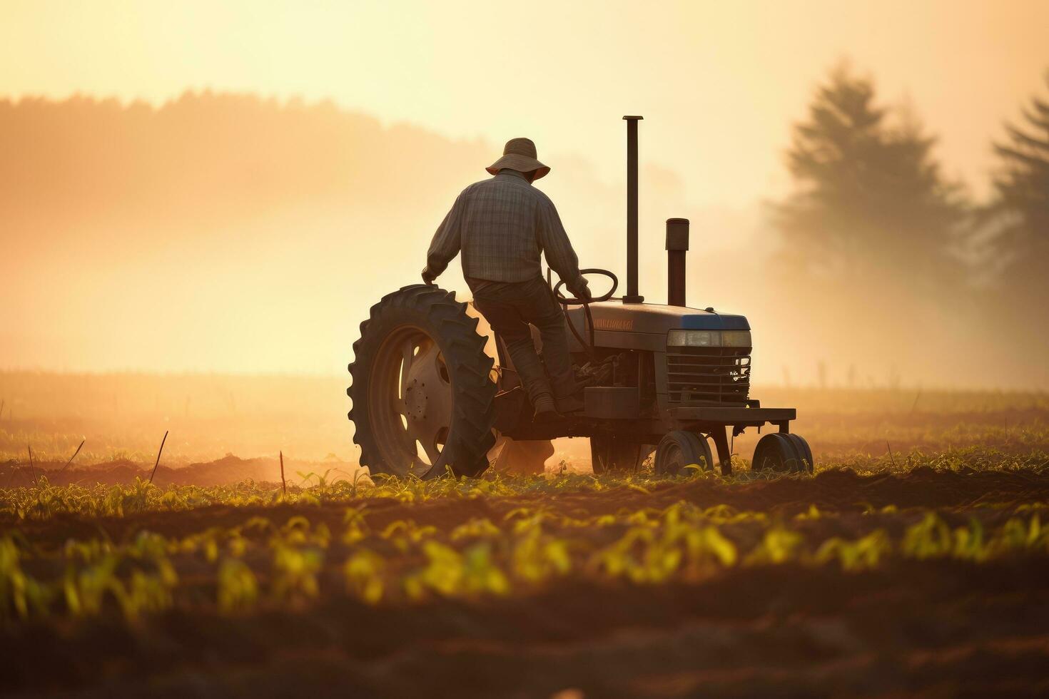 ai genererad jordbrukare i traktor framställning landa med såbädd kultivator på soluppgång, en jordbrukare rörelse en traktor arbetssätt i de fält i de morgon, ai genererad foto