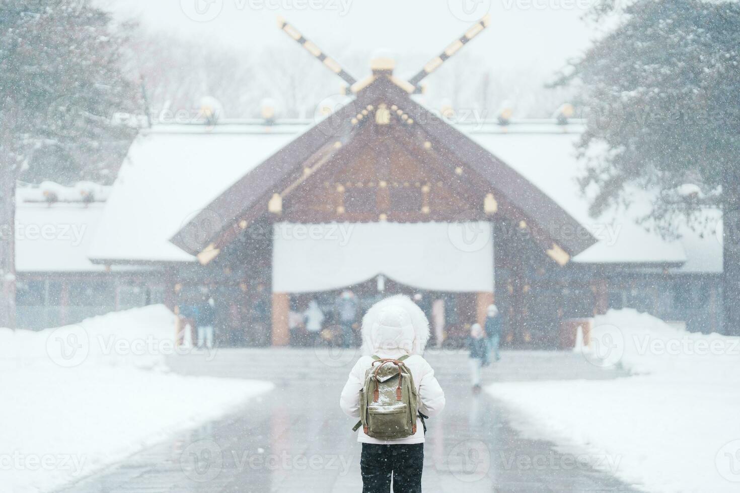 kvinna turist besöker i sapporo, resande i Tröja ser hokkaido helgedom med snö i vinter- säsong. landmärke och populär för attraktioner i Hokkaido, japan. resa och semester begrepp foto