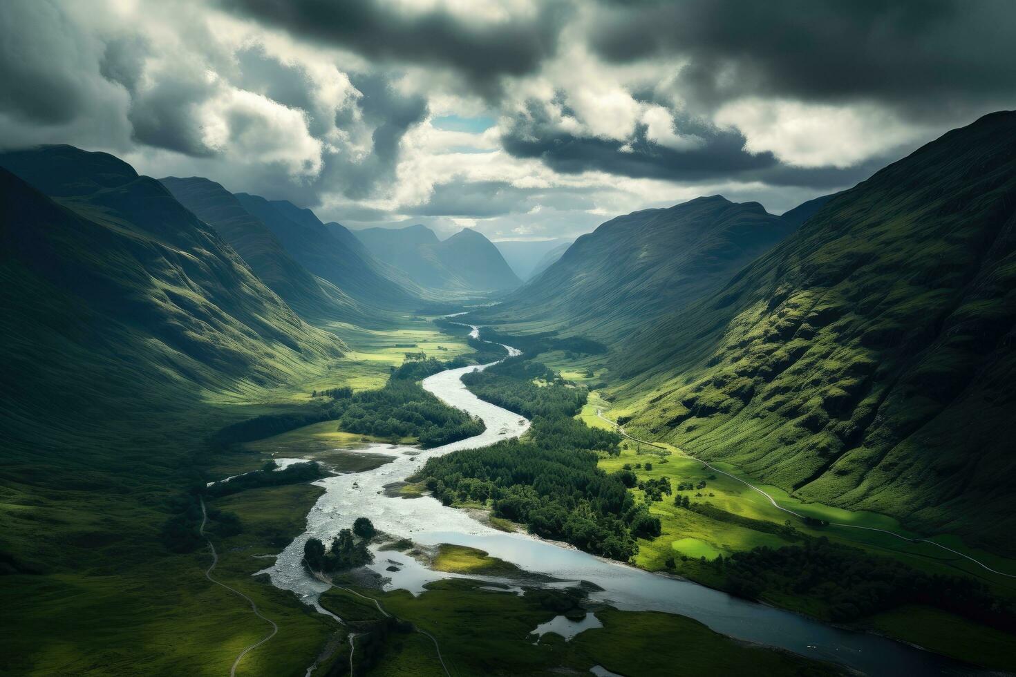 ai genererad antenn se av de glencoe i Skottland, förenad rike, antenn se av glencoe och de bergen omgivande de små stad i Skottland, ai genererad foto