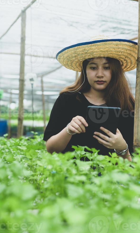 en ny generation kvinnliga bönder med surfplatta i hydroponikplantagen i växthus, smart gård. foto