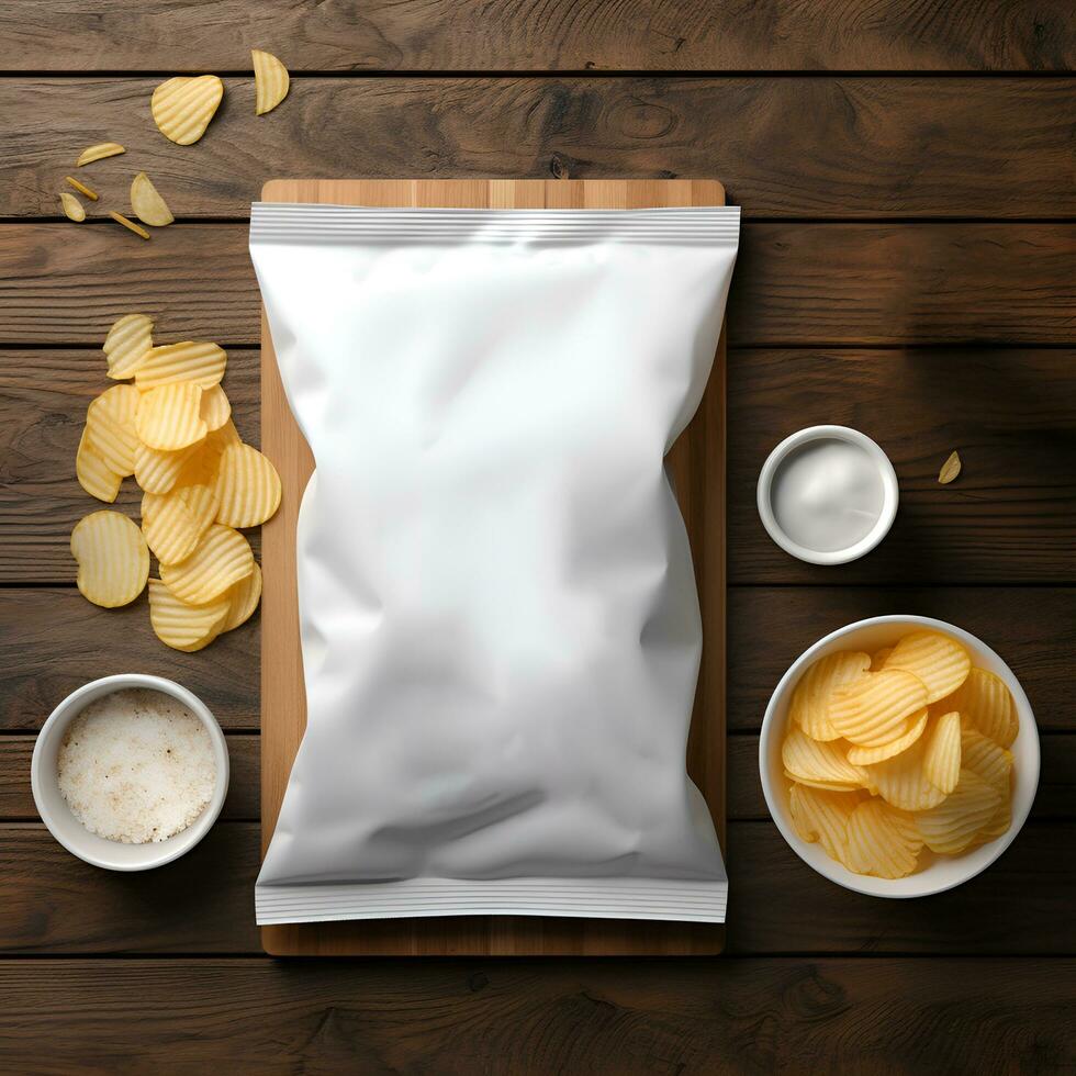 ai genererad tom vit pommes frites förpackning attrapp på trä- tabell. generativ ai foto