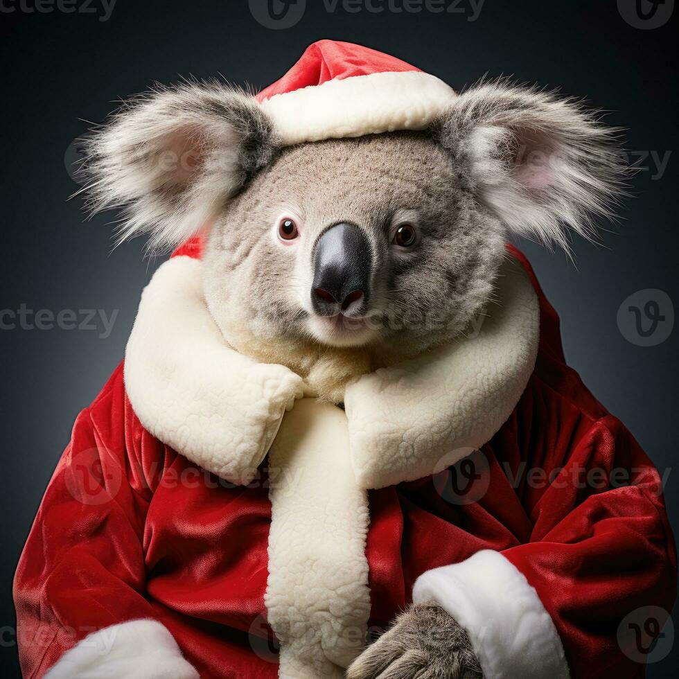 ai genererad söt koala röd santa hatt bakgrund snö vykort fluffig djur gåva röd vinter- Foto