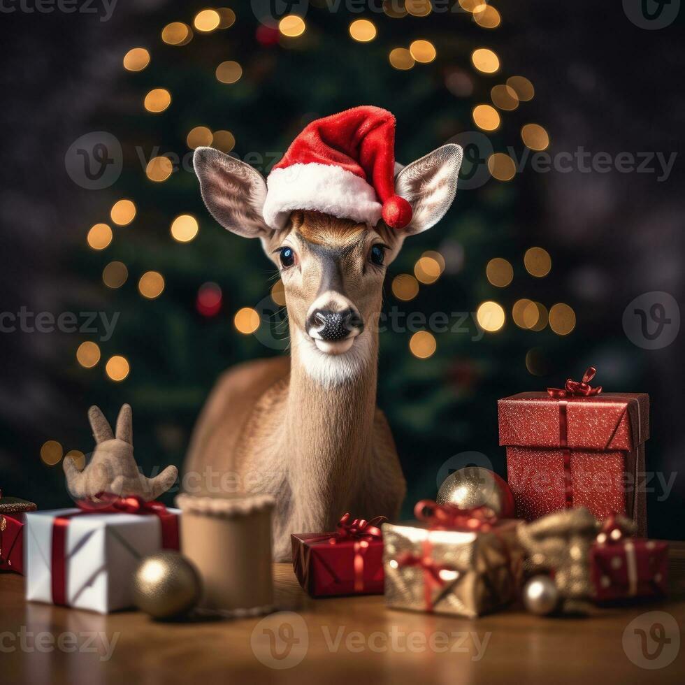 ai genererad söt rådjur röd santa hatt bakgrund snö vykort fluffig djur gåva röd vinter- Foto