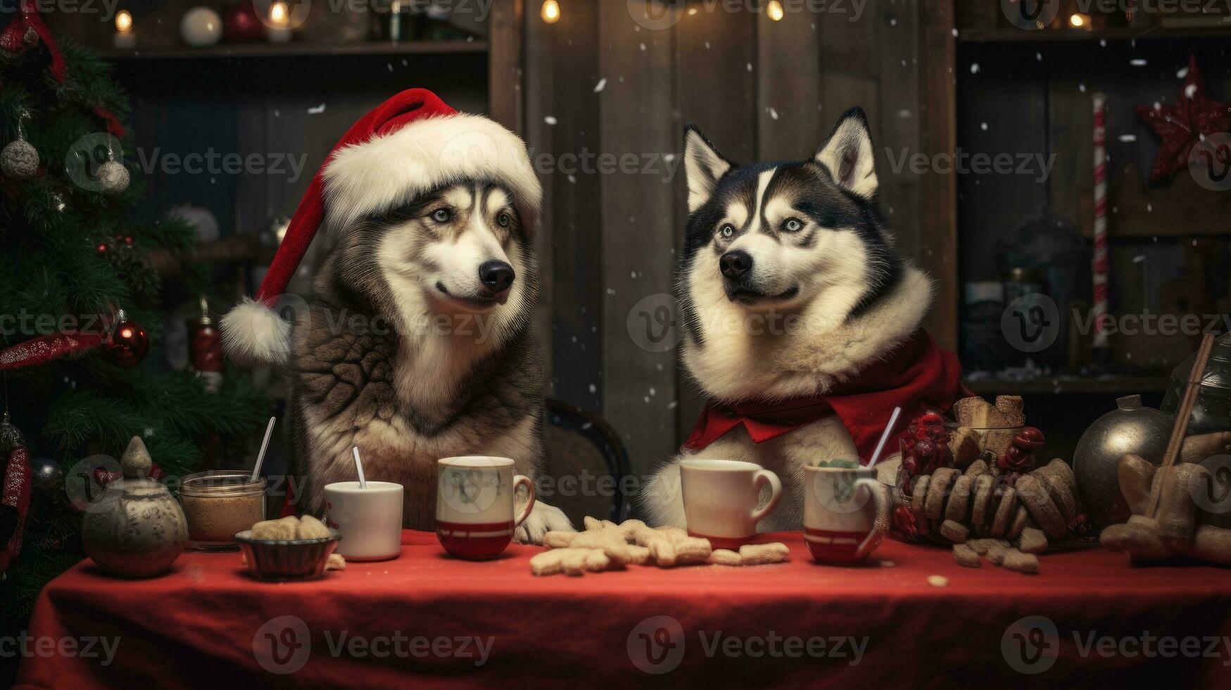 ai genererad söt hund hes Varg valp med jul gåva lådor begrepp Foto affisch glad närvarande röd ny år