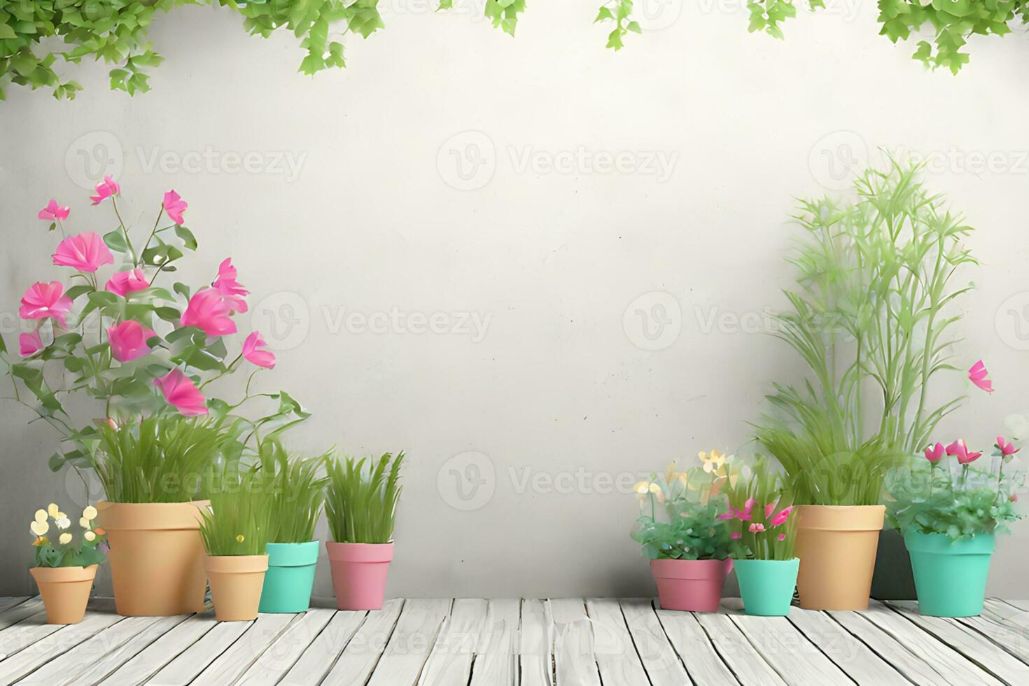 ai genererad trä- golv, blommor och växter i de pott bakgrund för dekoration foto
