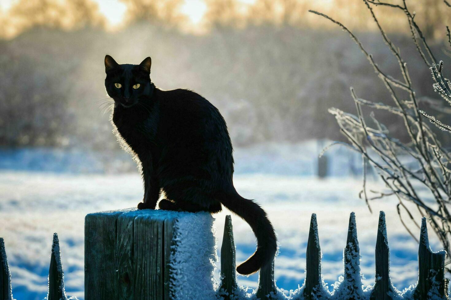 ai genererad svart katt Sammanträde på staket i vinter- foto