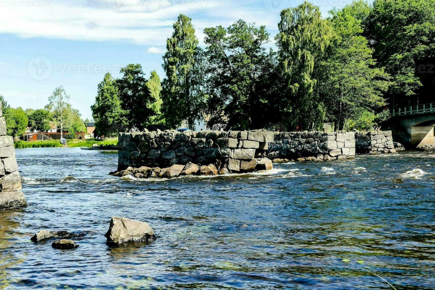 en flod med stenar och träd i de bakgrund foto
