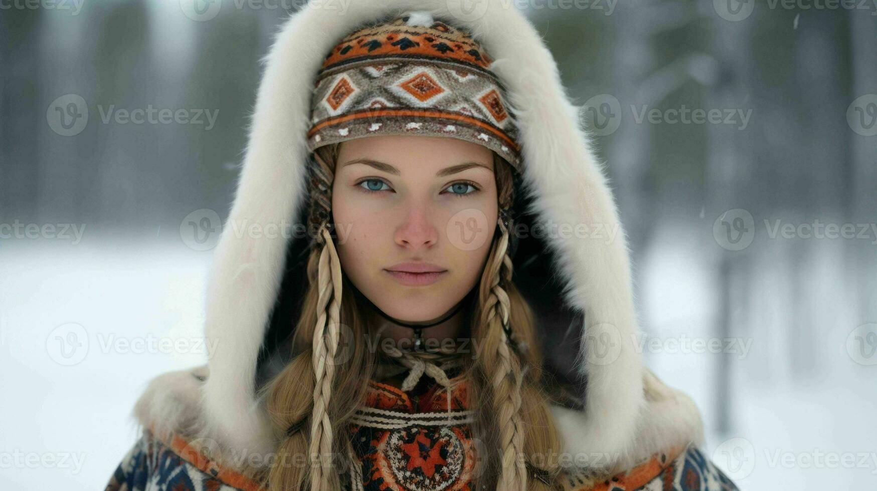 ai genererad en finska lady i traditionell samiska Kläder foto