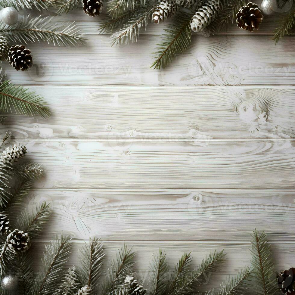 ai genererad jul bakgrund med gran grenar och grannlåt på vit trä- bakgrund foto