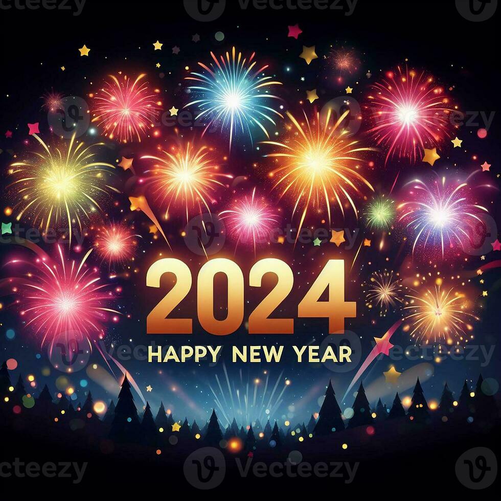 ai genererad en majestätisk fyrverkeri visa tänds de horisont i en festlig Välkommen till Lycklig ny år 2024 foto