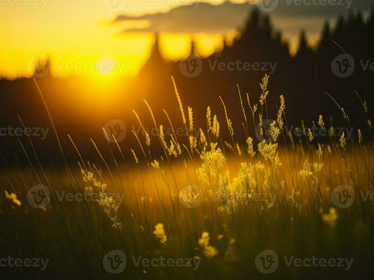 ai genererad abstrakt mjuk fokus solnedgång fält landskap av gul blommor och gräs äng värma gyllene timme solnedgång soluppgång tid. lugn vår sommar natur närbild och suddig skog bakgrund. foto