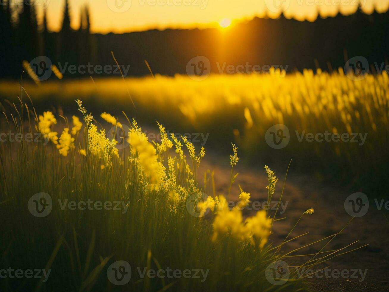 ai genererad abstrakt mjuk fokus solnedgång fält landskap av gul blommor och gräs äng värma gyllene timme solnedgång soluppgång tid. lugn vår sommar natur närbild och suddig skog bakgrund. foto