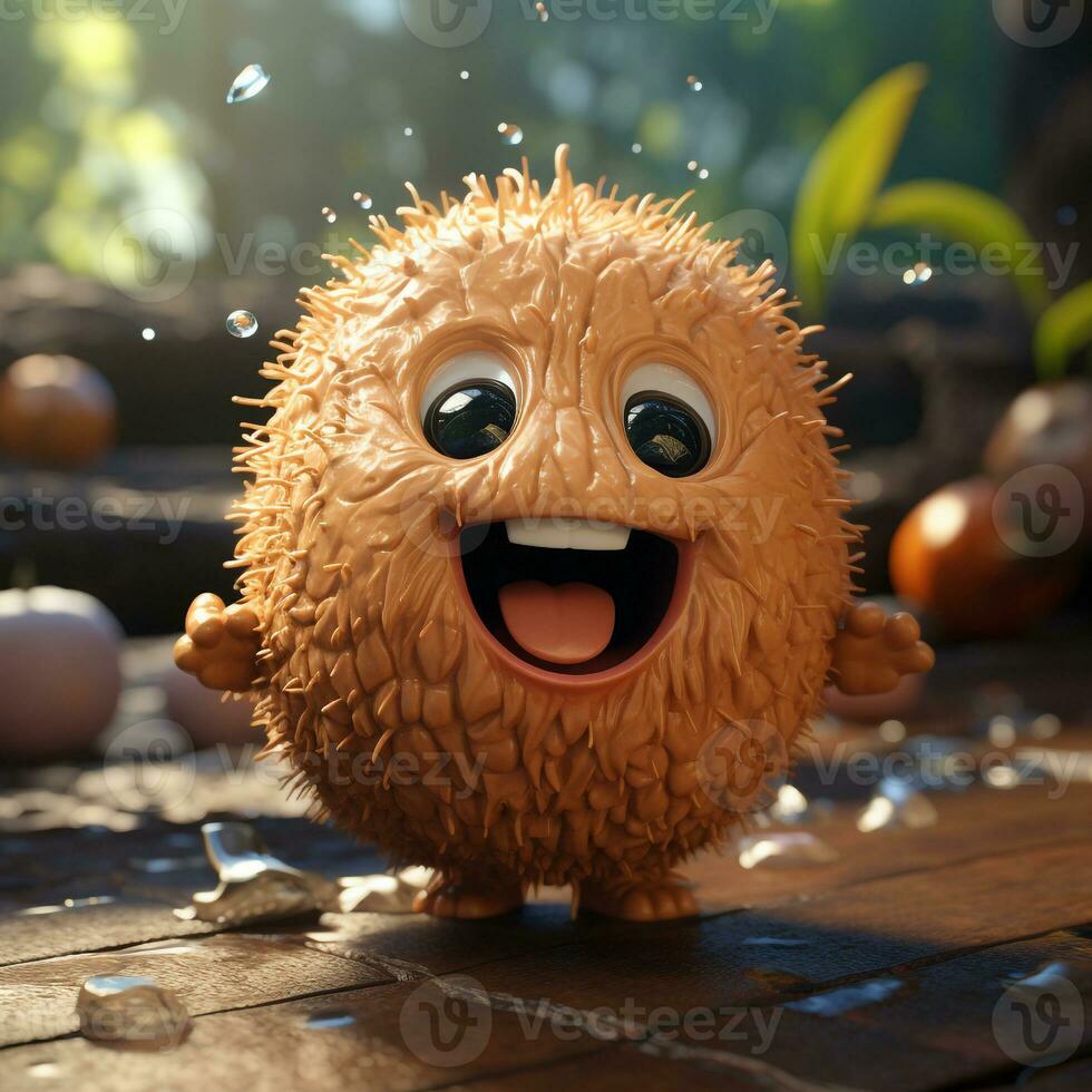 ai genererad 3d tecknad serie realistisk söt kokos frukt foto