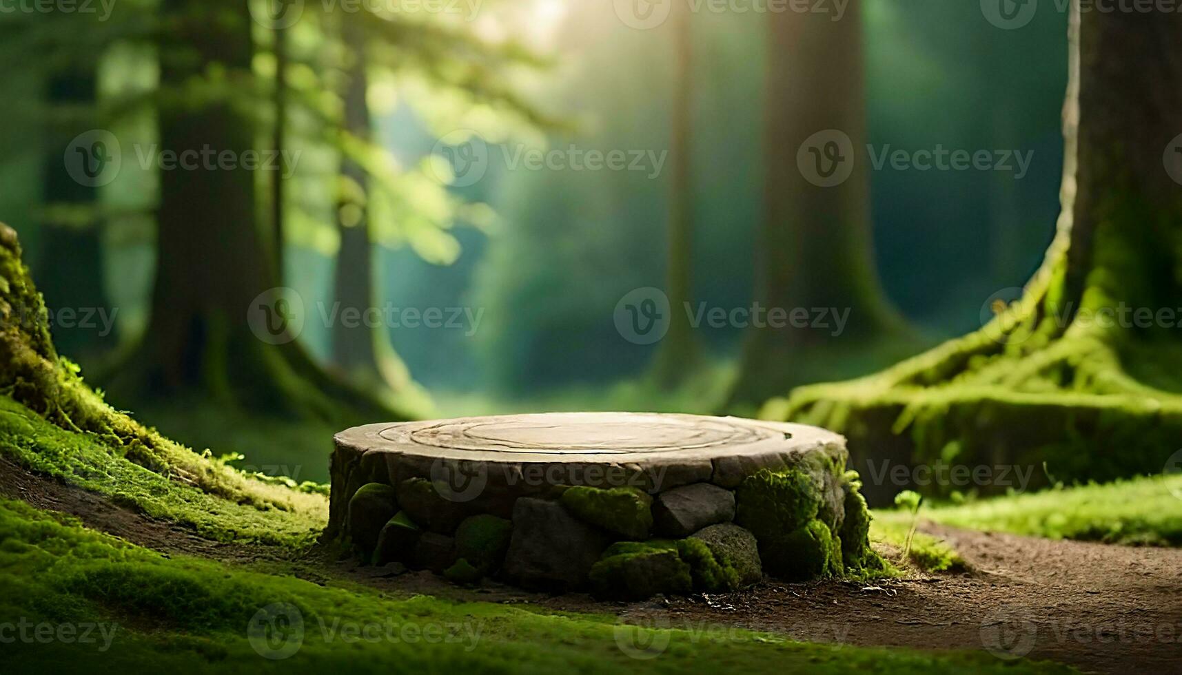 magi skog platt sten podium, tömma runda stå bakgrund foto
