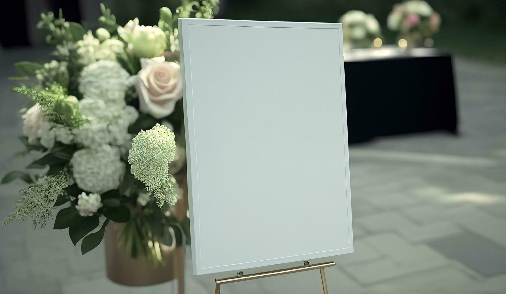 ai genererad tom bröllop inbjudan kort falsk upp med naturlig blomma för dekorerad på vit bakgrund, minimal design foto