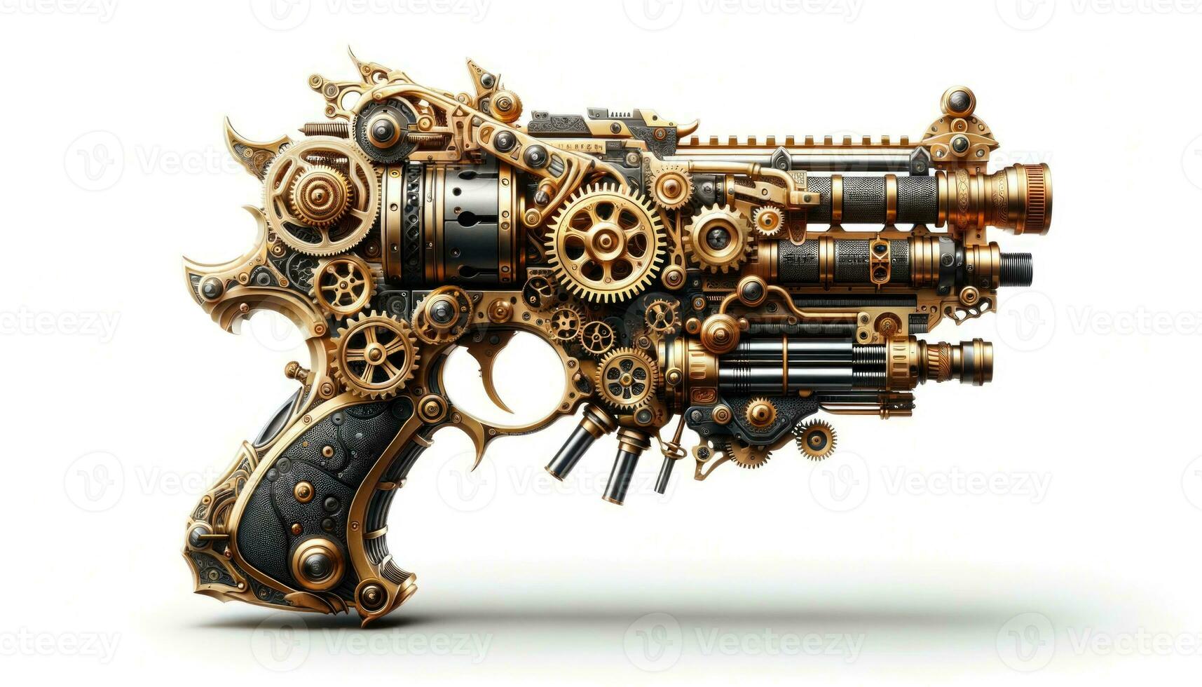 ai genererad invecklad steampunk pistol med detaljerad mekanisk design foto