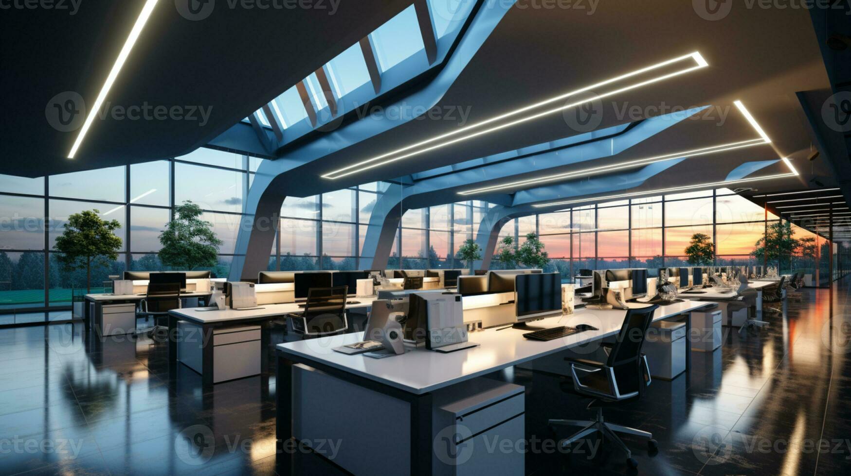 ai genererad interiör design modern kreativ kontor foajén, företags- öppen arbetsyta, co arbetssätt kontor rum foto