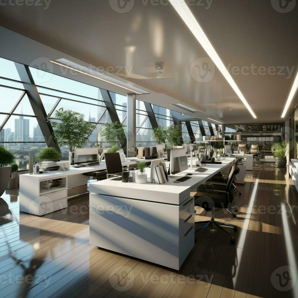 ai genererad interiör design modern kreativ kontor foajén, företags- öppen arbetsyta, coworking kontor rum foto