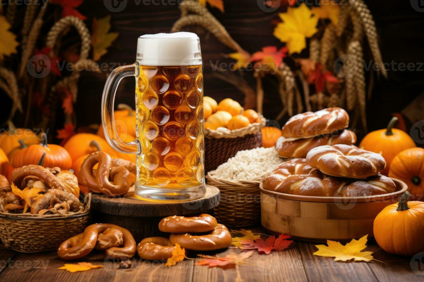 ai genererad trä- mat öl festival pretzel tabell firande bakgrund råna bavarian bavaria foto