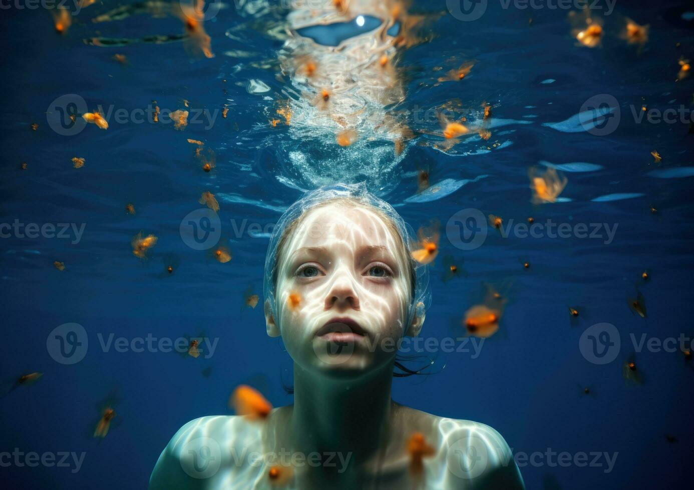ai genererad person kvinna vatten livsstil flicka kvinna under dyka slå samman skönhet under vattnet hav ung foto