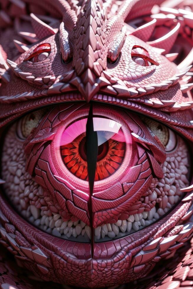 ai genererad 3d tolkning av en fantasi drake huvud med rosa ögon och en röd näsa foto