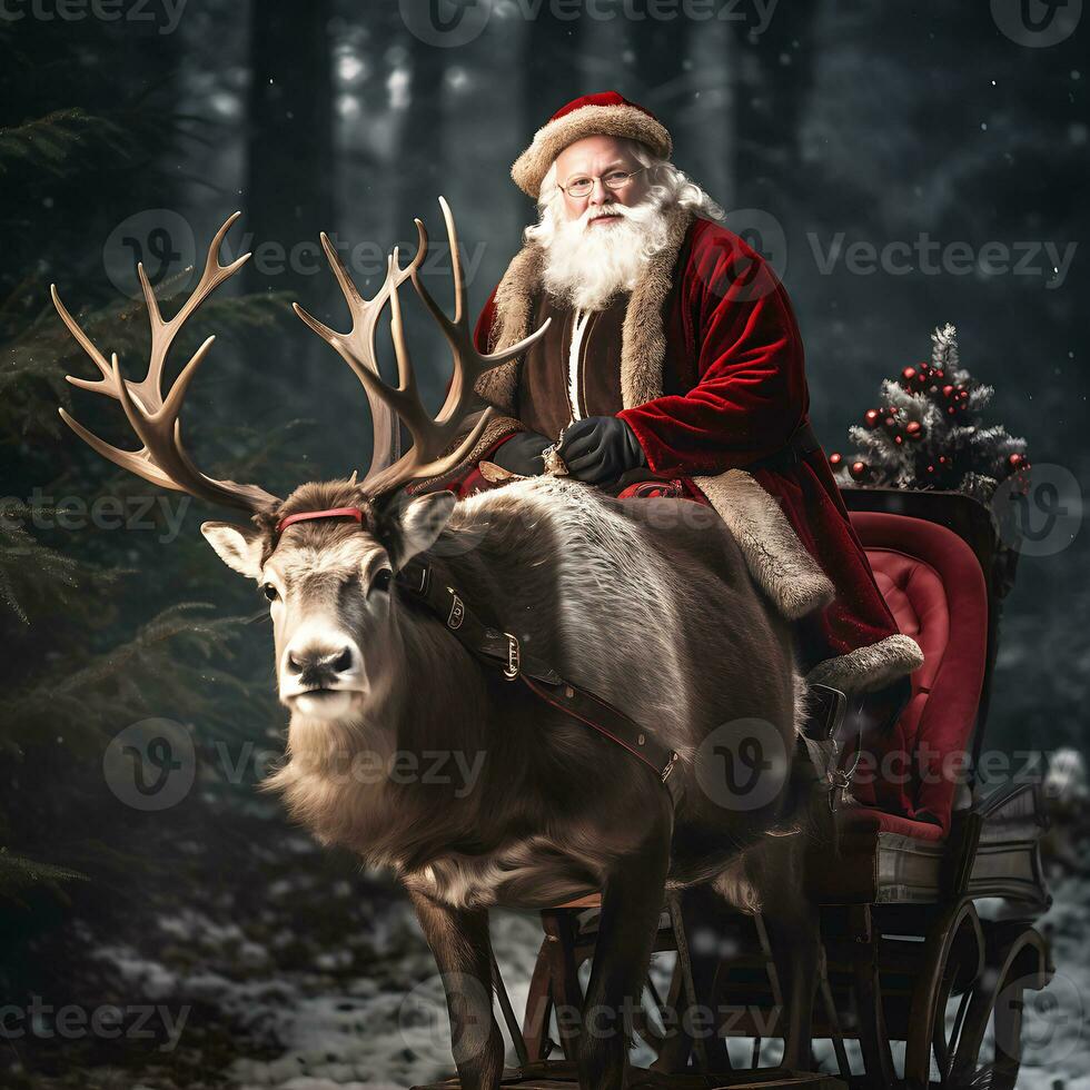 ai genererad glad jul hälsning text med santa claus ridning genererad förbi ai foto