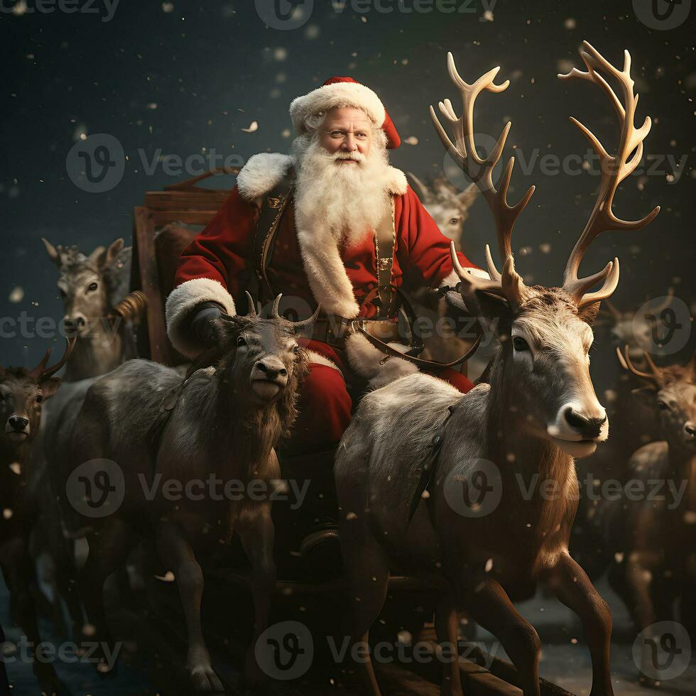 ai genererad glad jul hälsning text med santa claus ridning genererad förbi ai foto