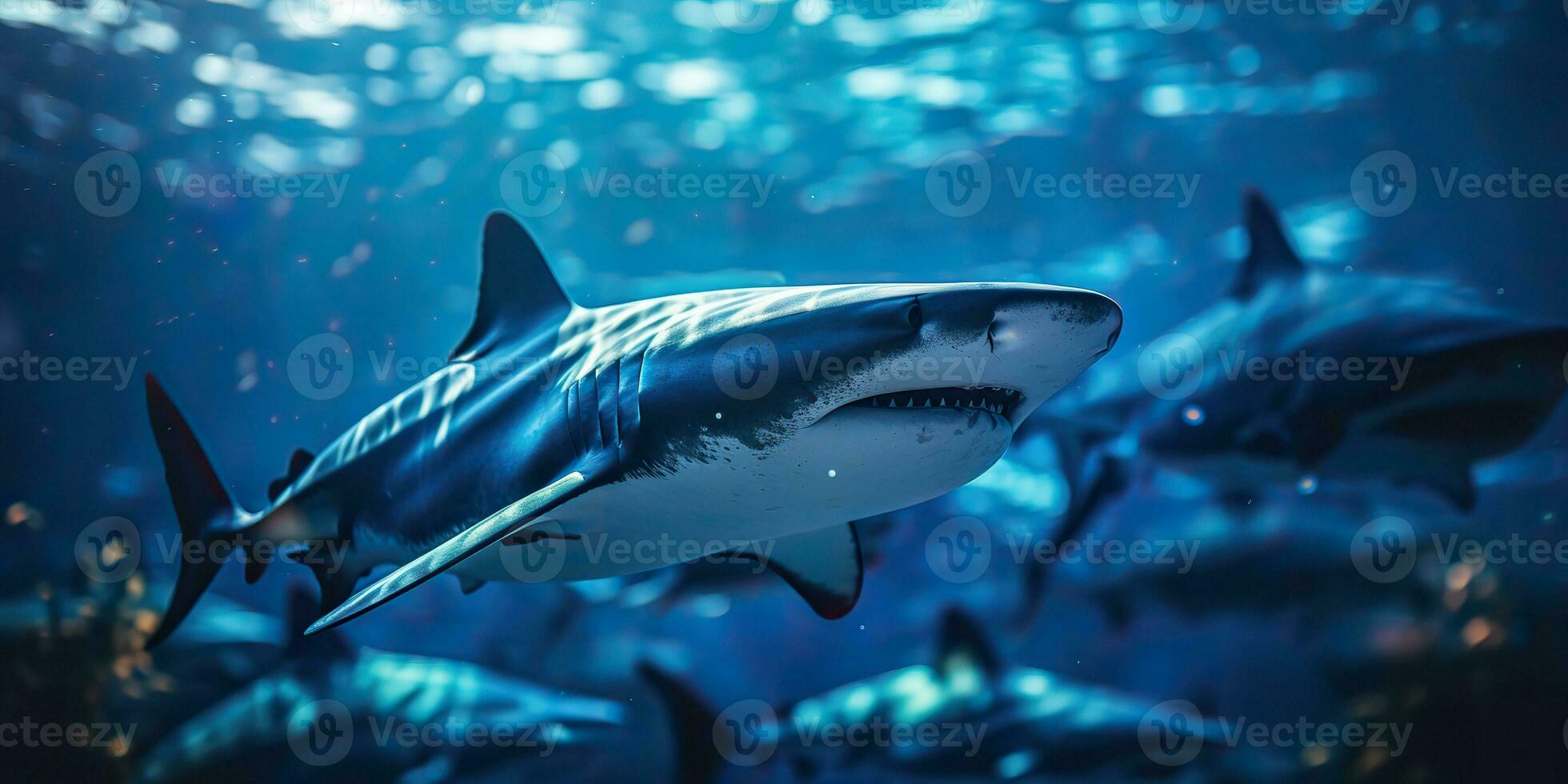ai genererad vild liv under vatten natur utomhus- hav hav stor fisk blå haj bakgrund. djup dyka dykning dykning jägare djur- foto
