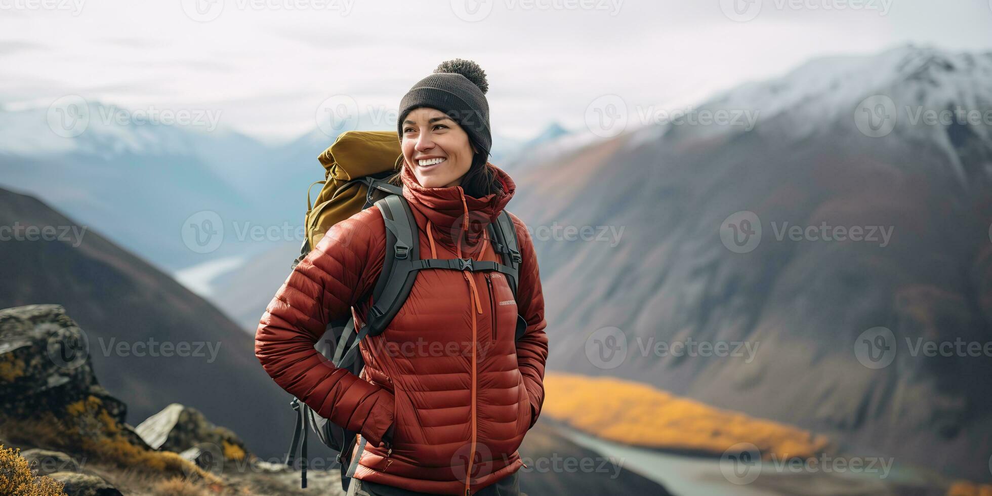 ai genererad kvinna flicka kvinna vandrare spårning natur utomhus- äventyr utforska berg landskap resa utforskning motivering. grafisk konst foto