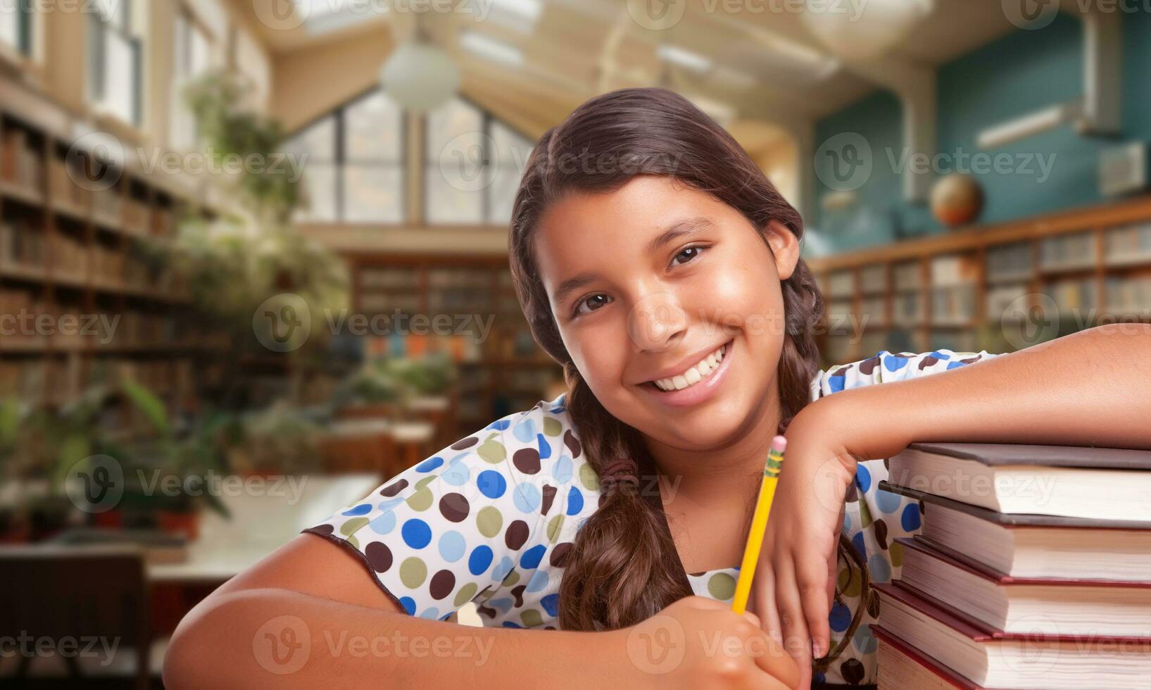 Lycklig ung latinamerikan flicka med en penna och en stack av böcker håller på med läxa i en bibliotek foto