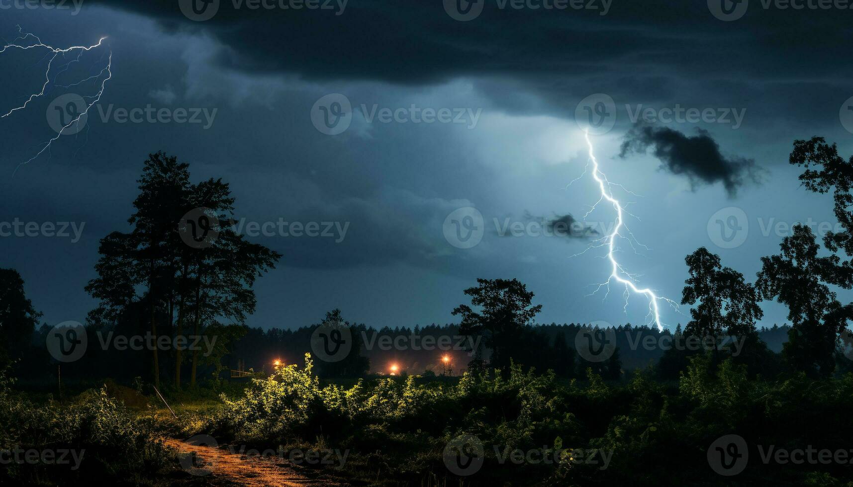 ai genererad ljus blå himmel, mörk silhuett träd, vibrerande blixt- bult genererad förbi ai foto