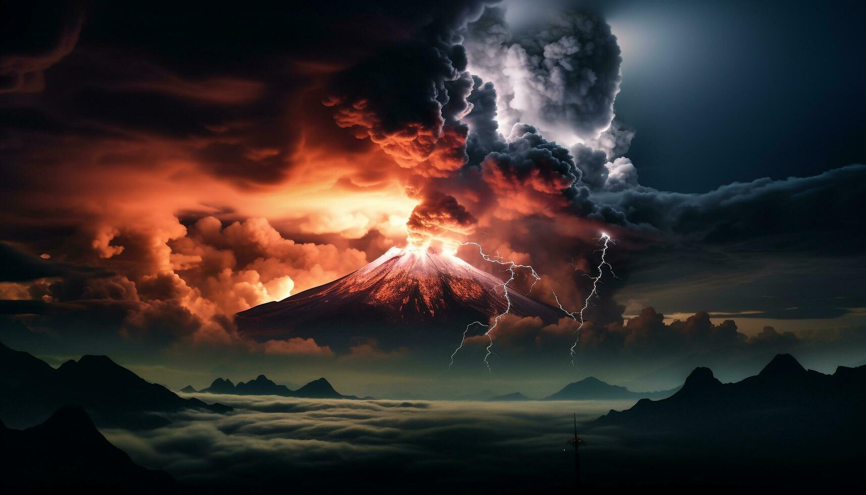 ai genererad dramatisk himmel, mörk natt, åskväder, majestätisk berg, våt gräs genererad förbi ai foto