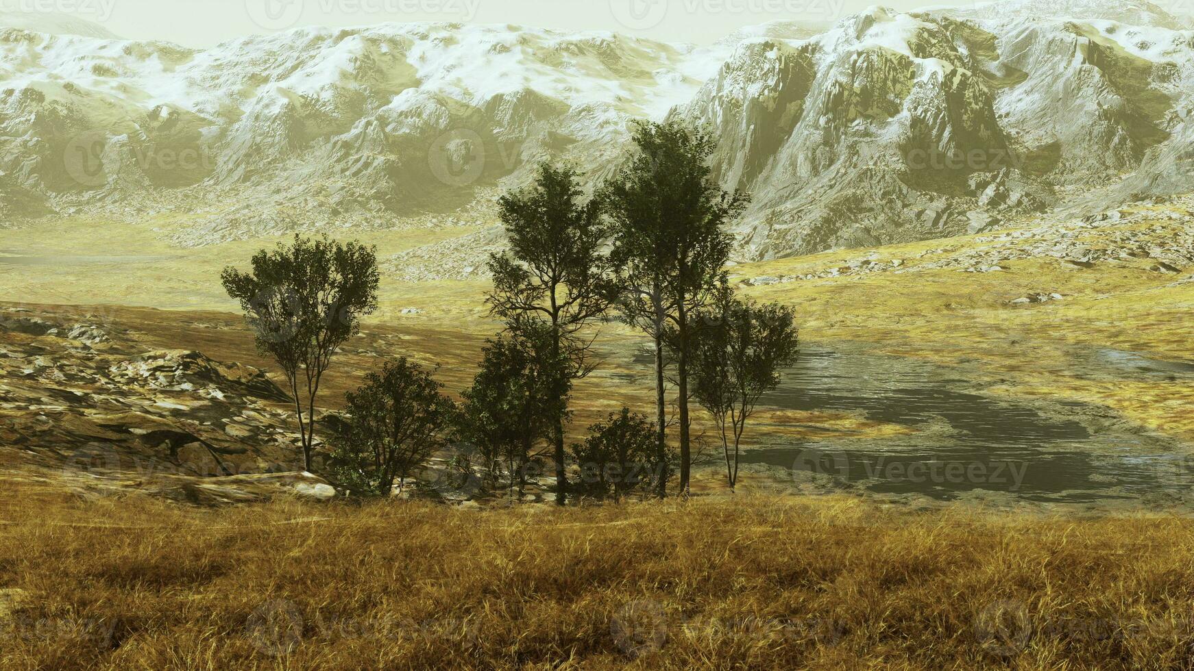 en naturskön landskap med träd och bergen i de bakgrund foto