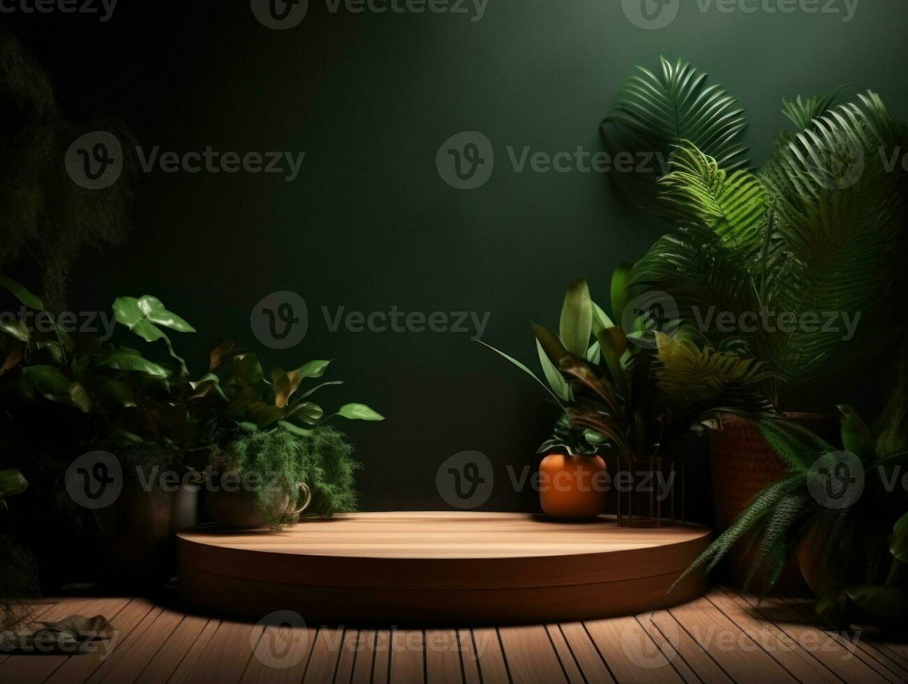ai genererad kosmetika produkt reklam stå. utställning trä- podium på grön bakgrund med löv och skuggor. tömma piedestal till visa produkt förpackning. mockup. generativ ai. foto