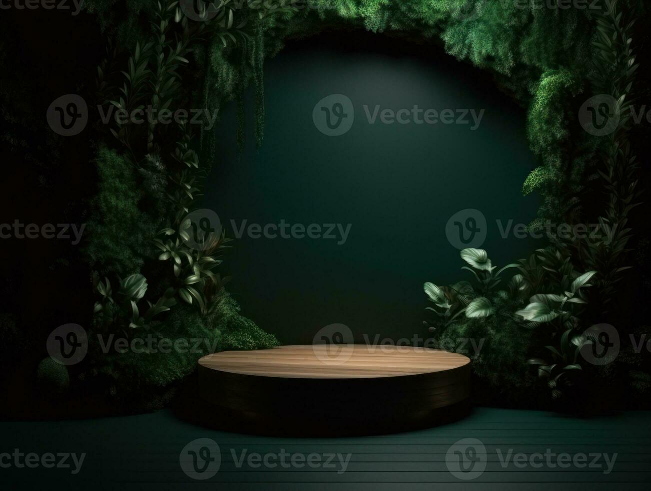 ai genererad kosmetika produkt reklam stå. utställning trä- podium på grön bakgrund med löv och skuggor. tömma piedestal till visa produkt förpackning. mockup. generativ ai. foto