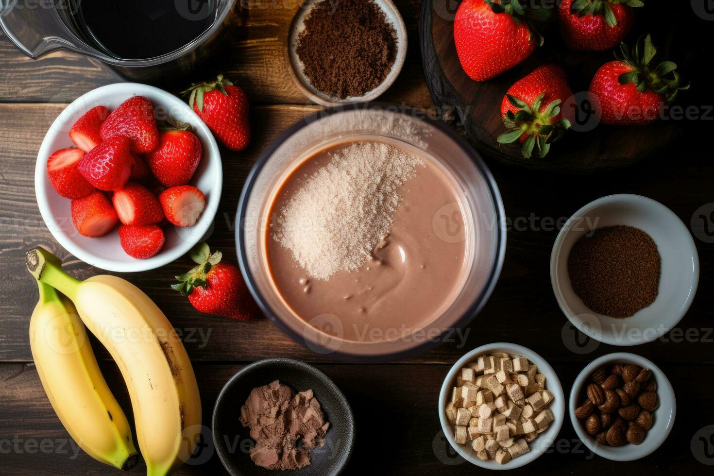 framställning choklad protein skaka dryck i mixer, topp se. ai genererad foto