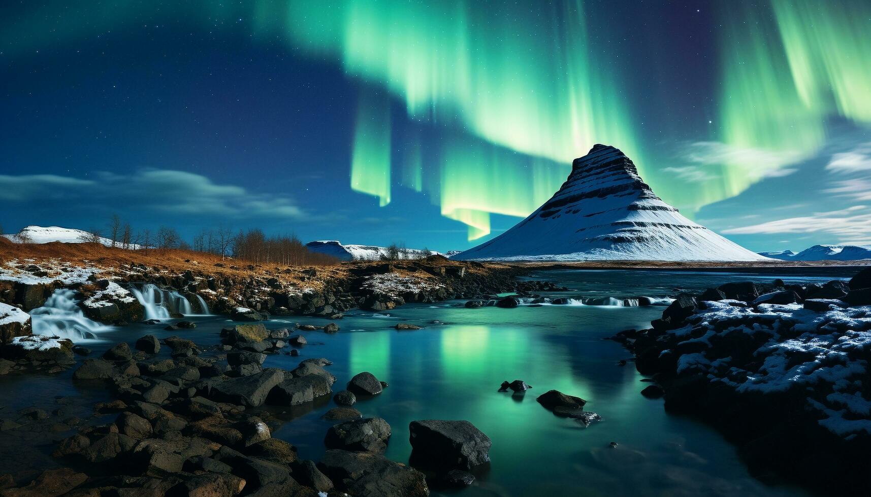 ai genererad majestätisk berg topp speglar starry natt i lugn arktisk landskap genererad förbi ai foto