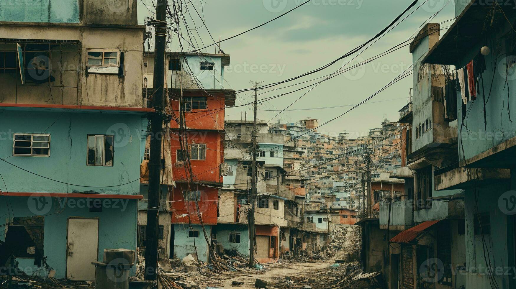 ai genererad generativ ai, brasiliansk favelas gemenskap, panorama- se med många hus, urban stad fattig hus byggnader foto