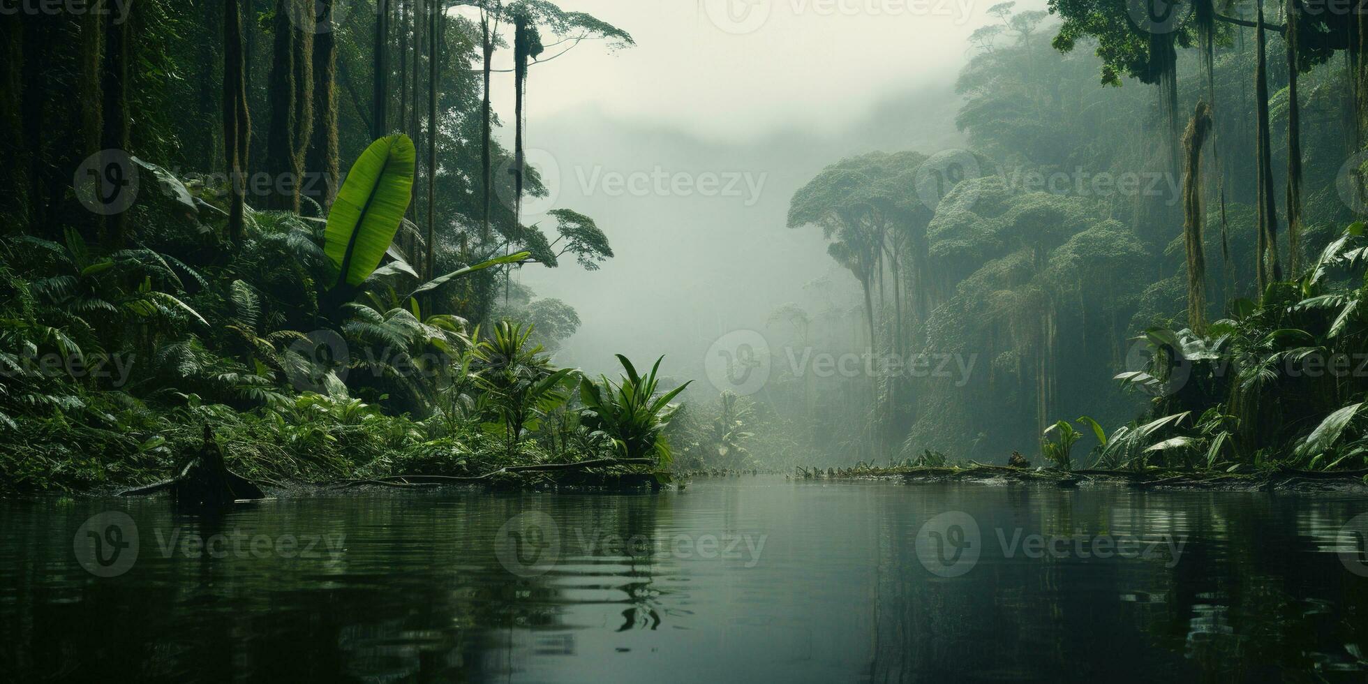 ai genererad generativ ai, Amazon djungel dimmig landskap, tropisk regnskog med handflatan träd foto