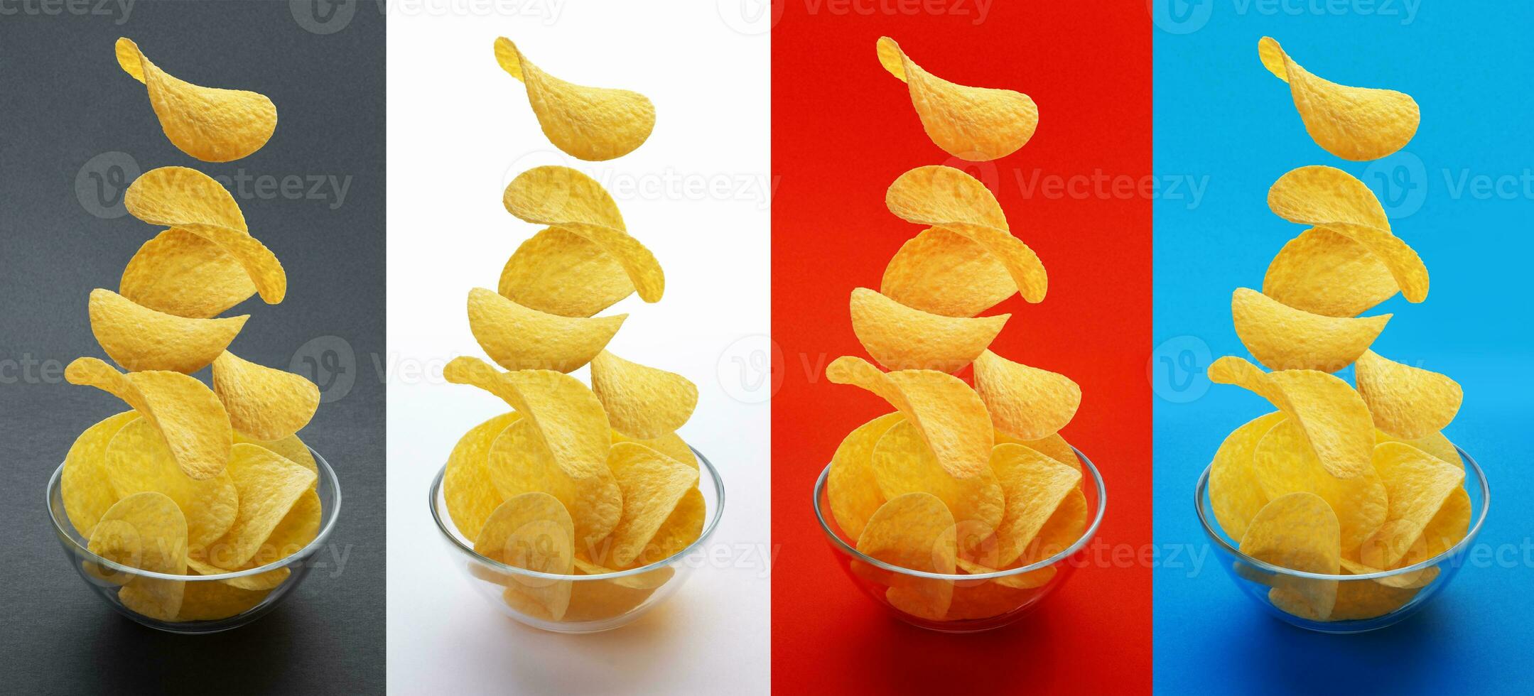 potatis pommes frites faller in i glas skål isolerat på vit bakgrund, flygande potatis chips foto
