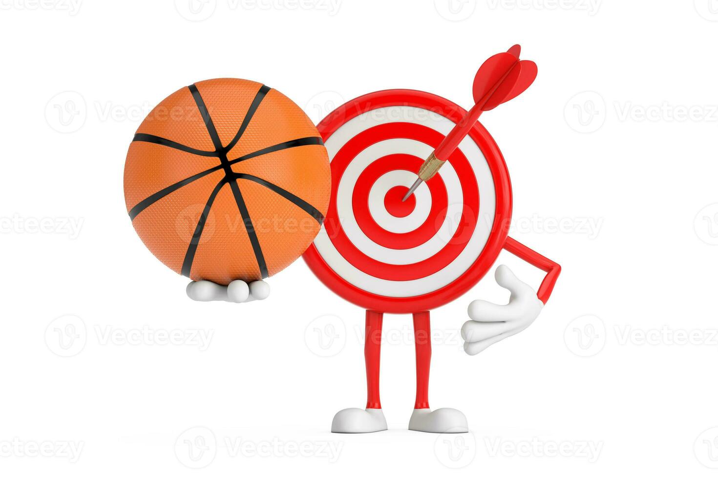 bågskytte mål och pil i Centrum tecknad serie person karaktär maskot med basketboll boll. 3d tolkning foto
